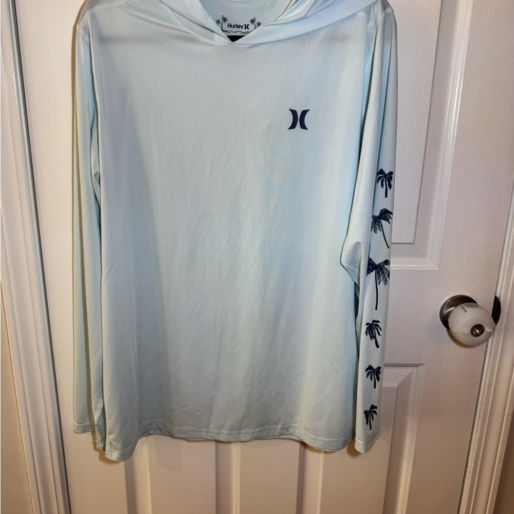 Hurley Men's Light Blue Long Sleeve Tee with Palm Print